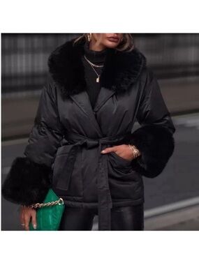 Black Faux-Fur Trim Belted Puffer Coat